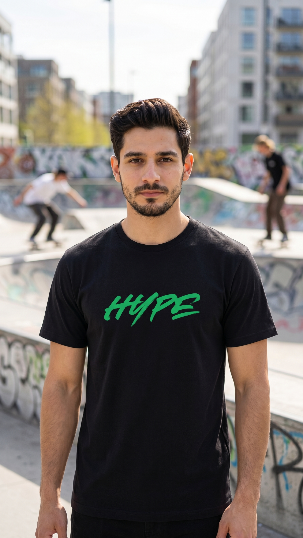 חולצת טי שחורה לגברים עם הדפס HYPE ירוק בחזית, בצילום לייפסטייל אורבני