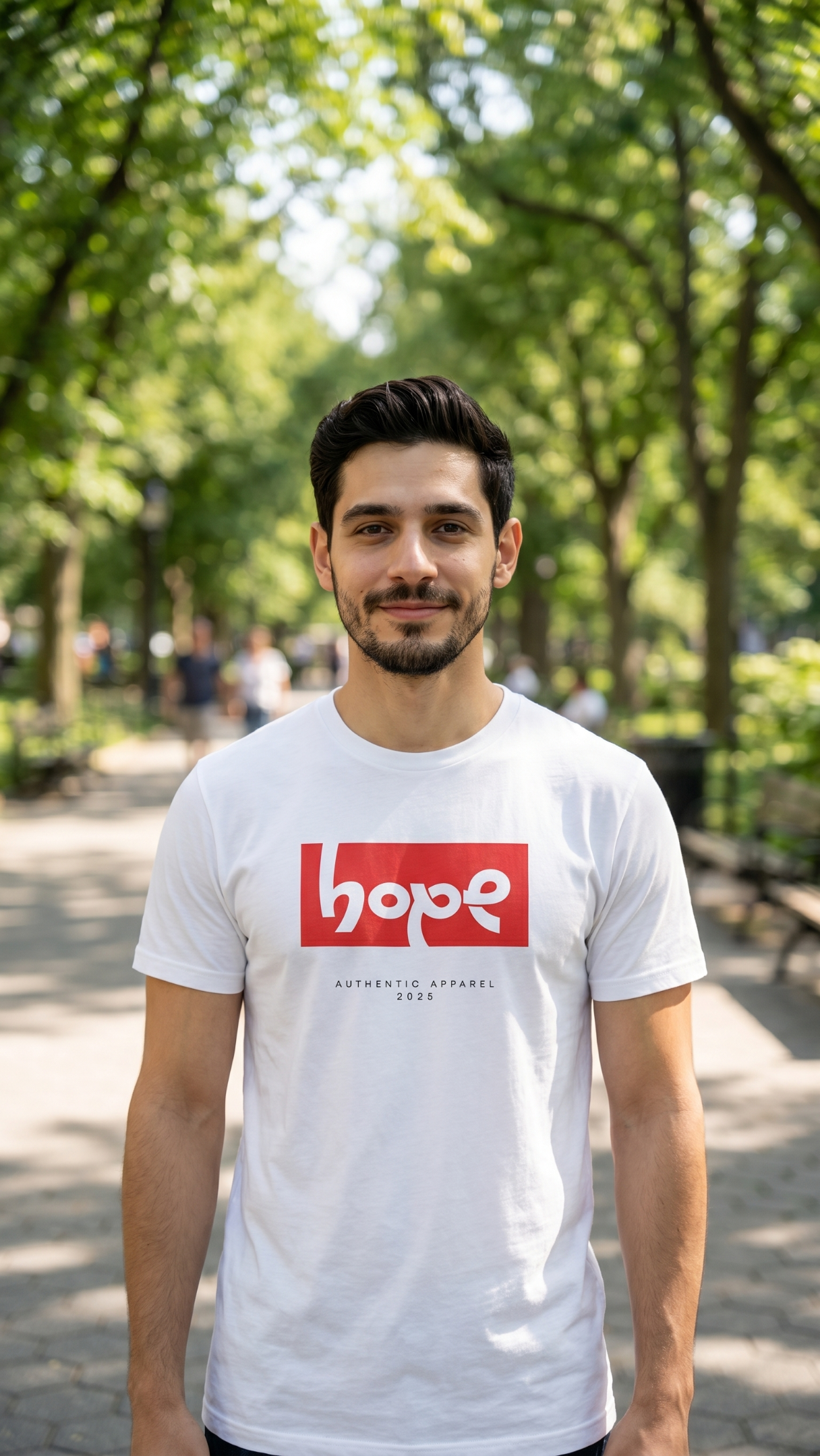 חולצת טי לבנה לגברים עם הדפס hope אדום בחזית, בצילום לייפסטייל חיצוני