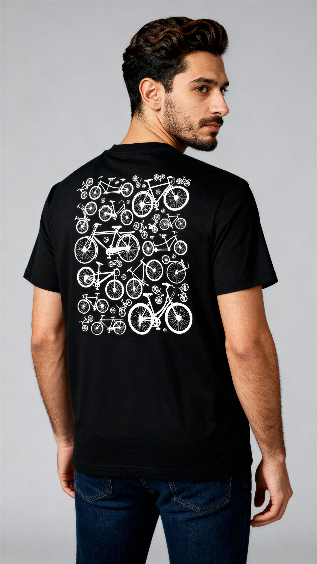 דוגמן לובש חולצת טי שחורה עם הדפס אופניים לבן בגב