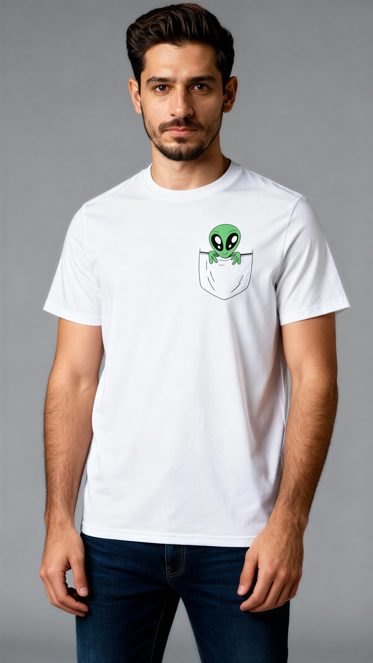 חולצת Alien Pocket לבנה בגזרת יוניסקס עם עיצוב מצחיק ומינימליסטי