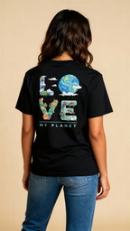 חולצת Love My Planet מכותנה אורגנית עם עיצוב טבע וקיימות בגב
