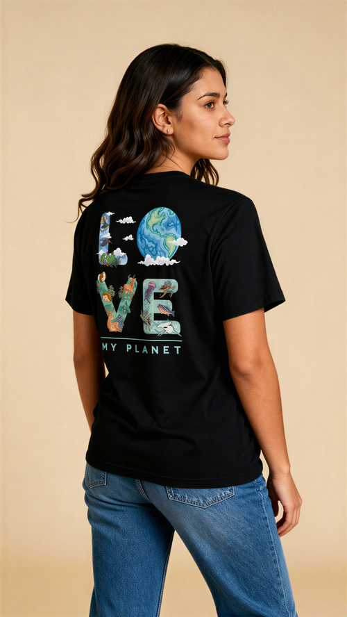 חולצת Love My Planet מכותנה אורגנית של אדם וטבע עם הדפס אהבה לכדור הארץ