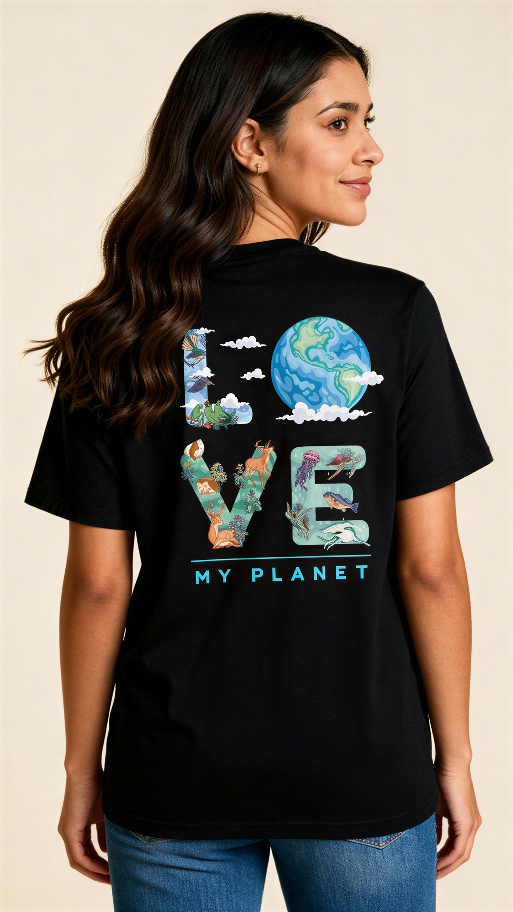 תקריב של הדפס Love My Planet עם אלמנטים של טבע על חולצת טי שחורה
