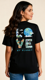 תקריב של הדפס Love My Planet עם אלמנטים של טבע על חולצת טי שחורה