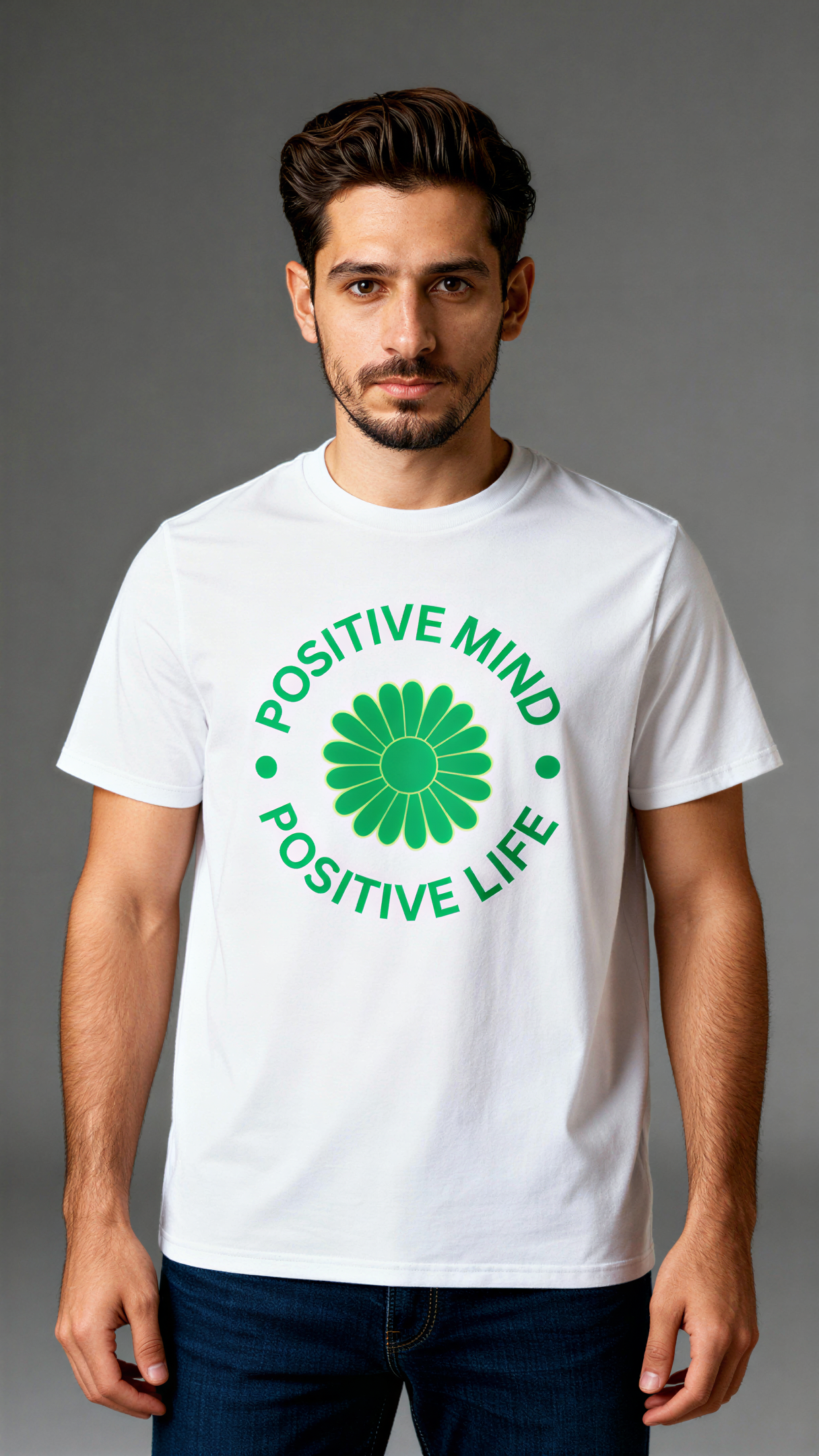 תקריב של הדפס Positive Mind Positive Life על חולצת טי לבנה